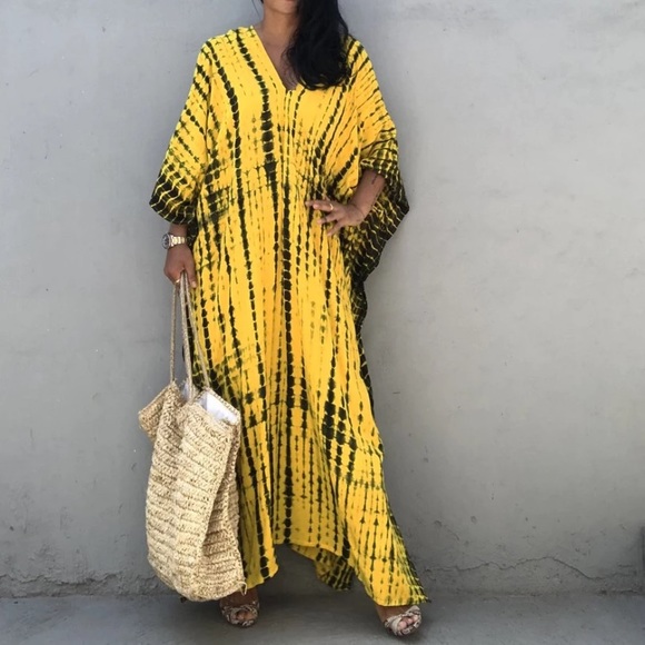 SOLD OUT Yellow & Black Bohemian Tie Dye Kaftan Kimono Dress - Picture 4 of 9